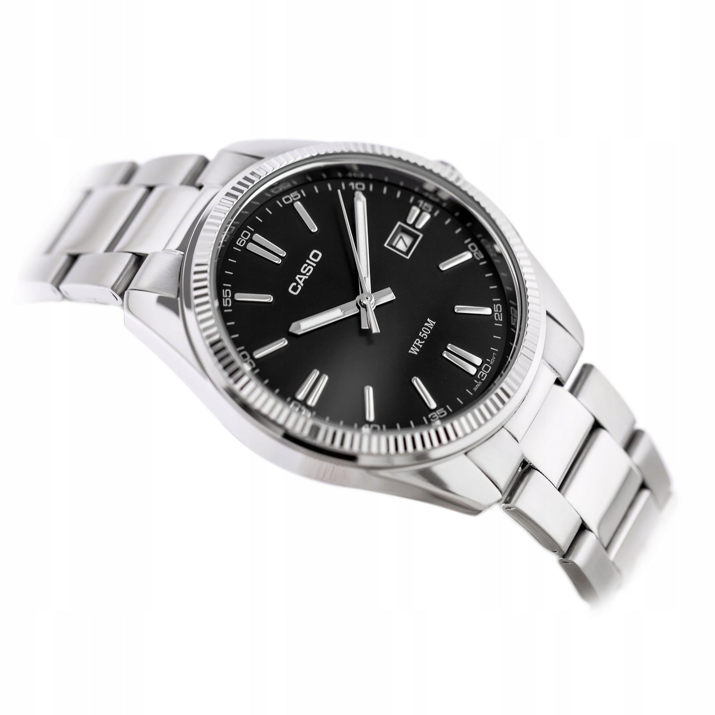 Vyriškas laikrodis Casio MTP-1302PD-1A1VDF juodas ciferblatas, sidabrinė nerūdijančio plieno apyrankė, atsparus vandeniui 50M su dėžute