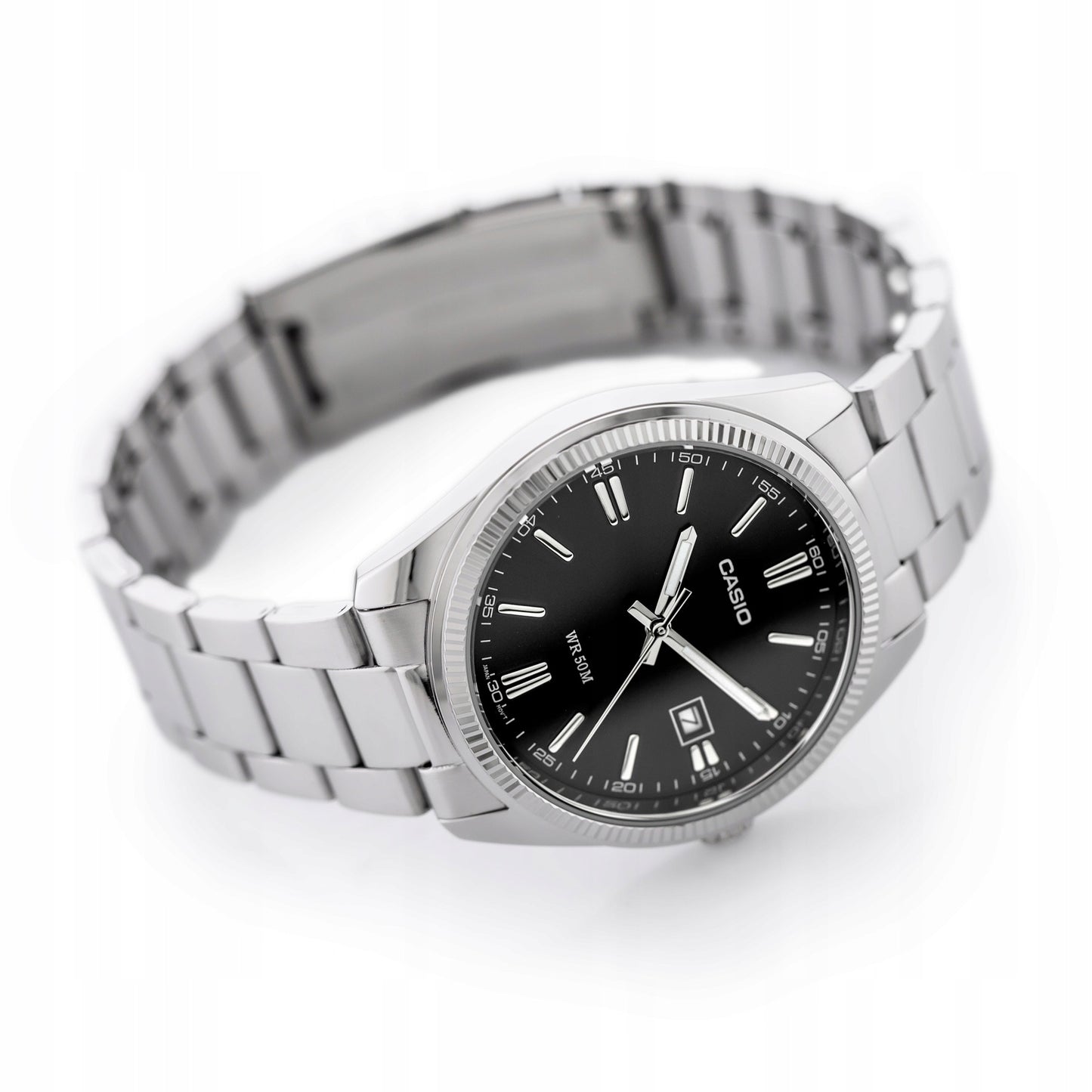 Vyriškas laikrodis Casio MTP-1302PD-1A1VDF juodas ciferblatas, sidabrinė nerūdijančio plieno apyrankė, atsparus vandeniui 50M su dėžute