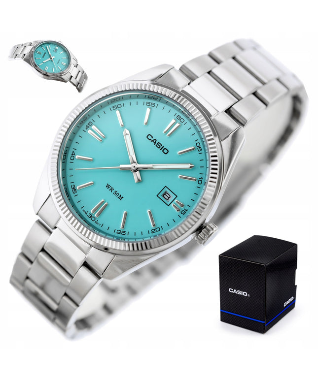 Vyriškas laikrodis Casio MTP-1302PD-2A2VDF Tiffany Blue ciferblatas, nerūdijančio plieno apyrankė, atsparus vandeniui 50M su dėžute