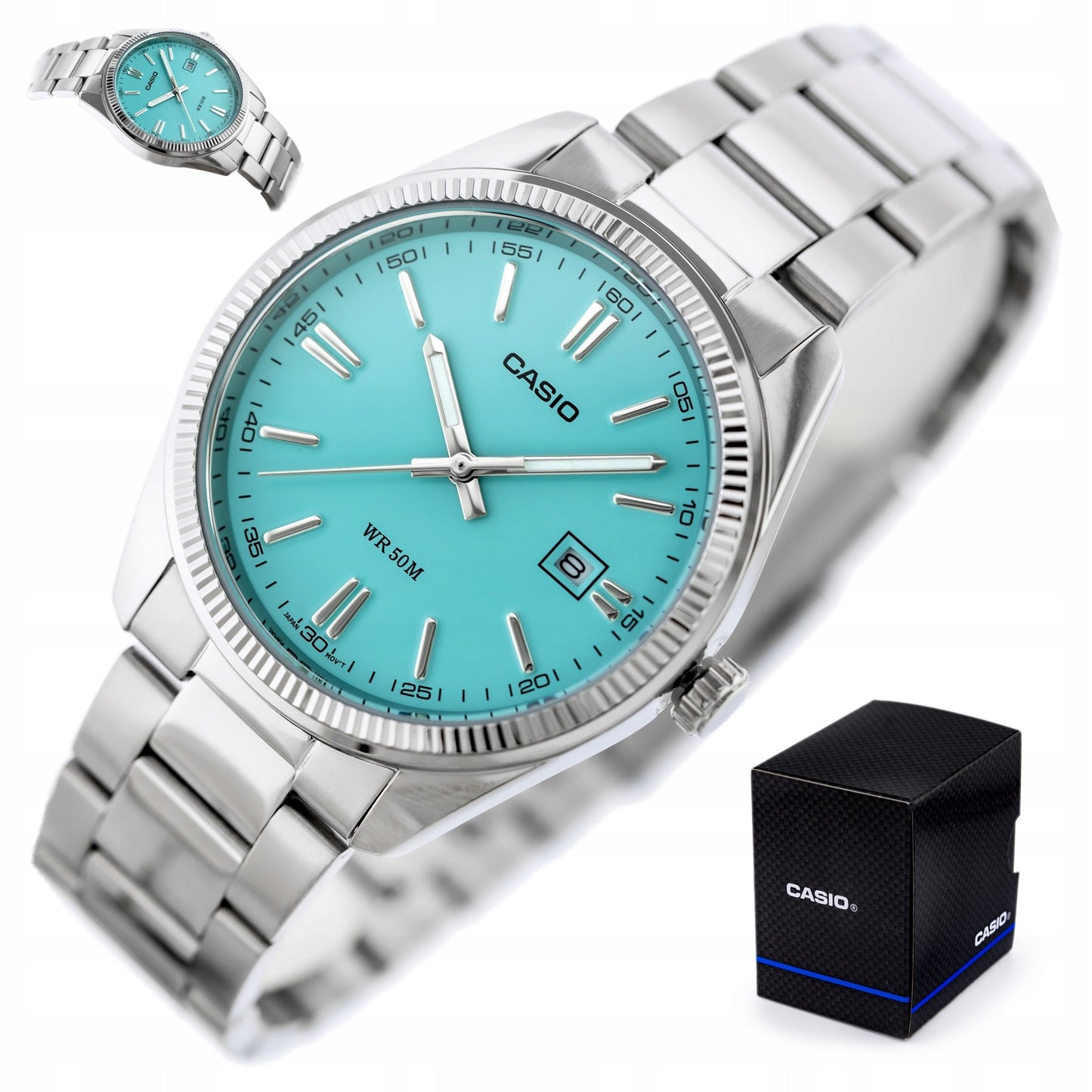 Vyriškas laikrodis Casio MTP-1302PD-2A2VDF Tiffany Blue ciferblatas, nerūdijančio plieno apyrankė, atsparus vandeniui 50M su dėžute