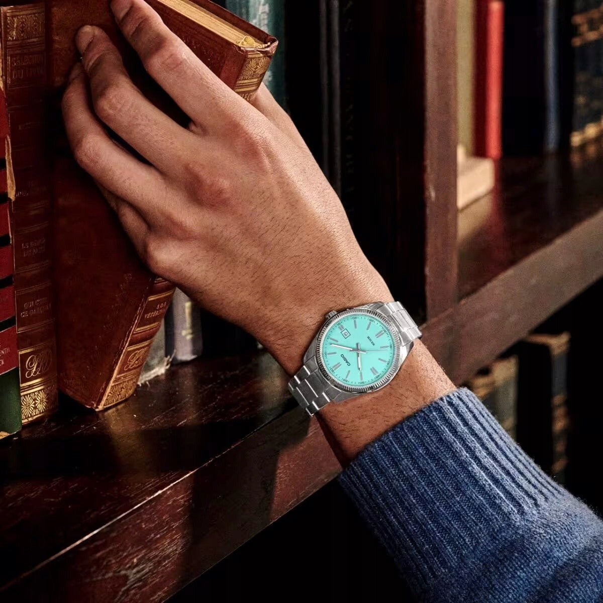 Vyriškas laikrodis Casio MTP-1302PD-2A2VDF Tiffany Blue ciferblatas, nerūdijančio plieno apyrankė, atsparus vandeniui 50M su dėžute