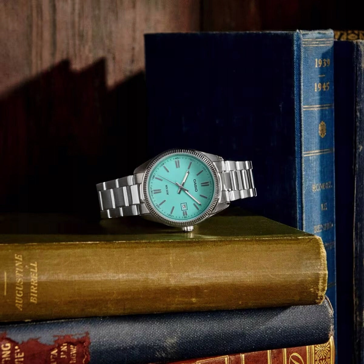 Vyriškas laikrodis Casio MTP-1302PD-2A2VDF Tiffany Blue ciferblatas, nerūdijančio plieno apyrankė, atsparus vandeniui 50M su dėžute