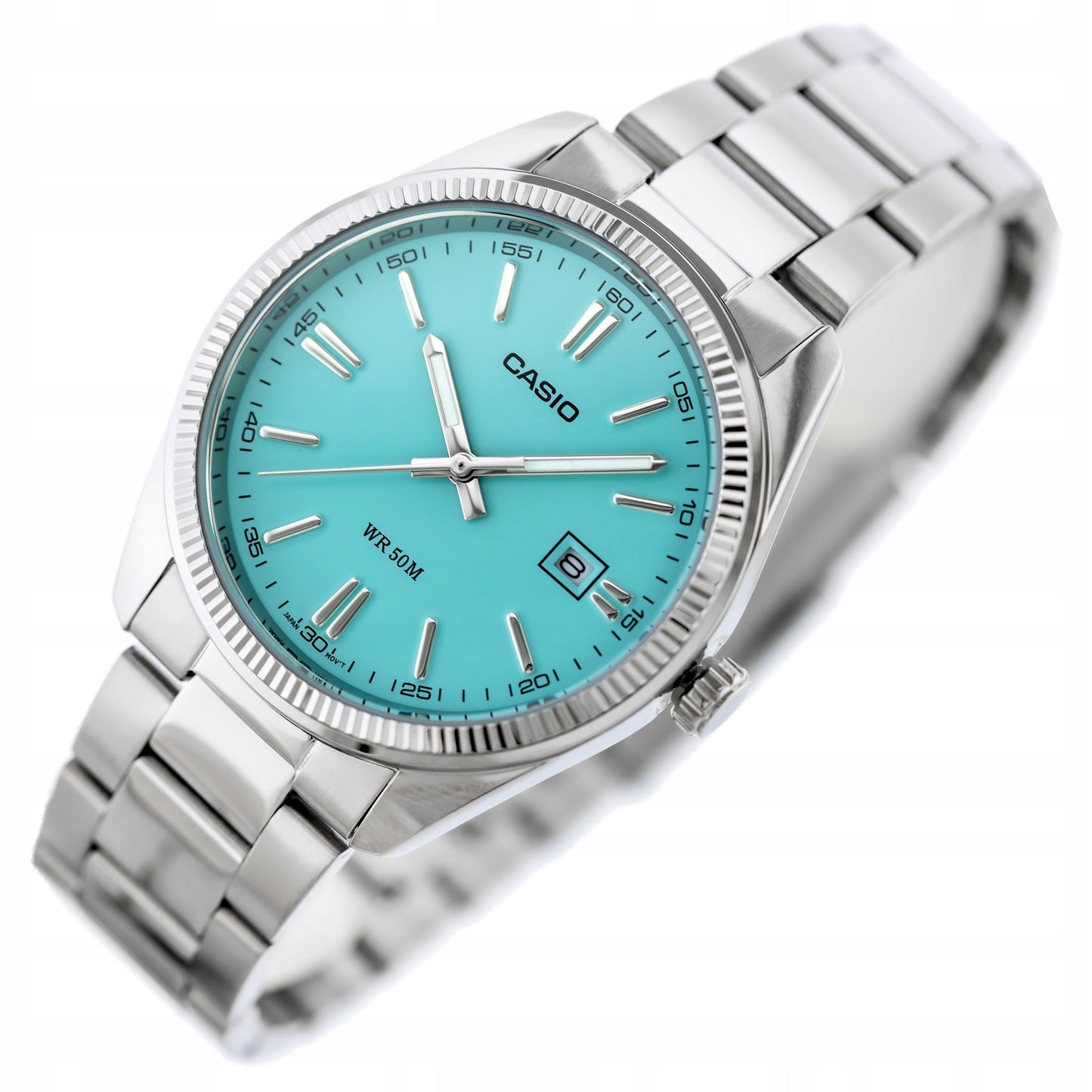Vyriškas laikrodis Casio MTP-1302PD-2A2VDF Tiffany Blue ciferblatas, nerūdijančio plieno apyrankė, atsparus vandeniui 50M su dėžute
