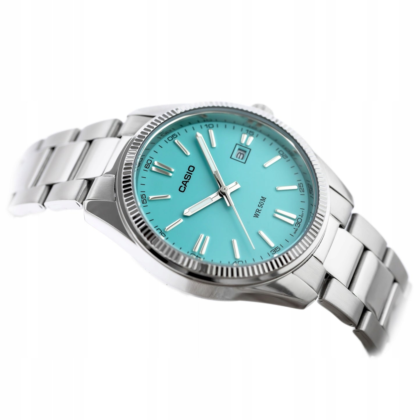 Vyriškas laikrodis Casio MTP-1302PD-2A2VDF Tiffany Blue ciferblatas, nerūdijančio plieno apyrankė, atsparus vandeniui 50M su dėžute