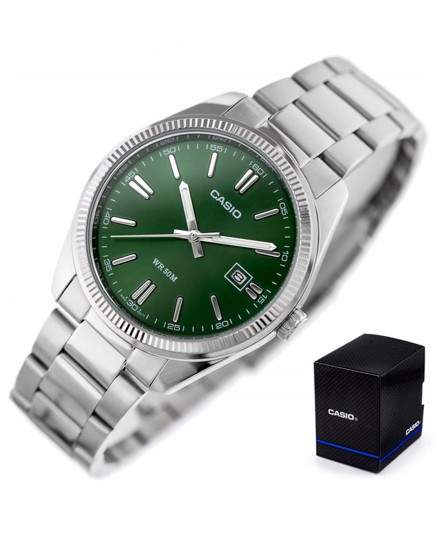 Vyriškas laikrodis Casio MTP-1302PD-3AV su dėžute – elegantiškas kvarcinis laikrodis su žaliu ciferblatu, nerūdijančio plieno apyranke ir datumu