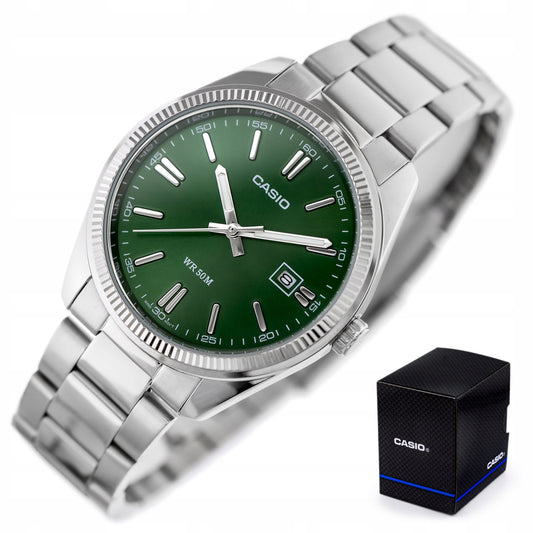 Vyriškas laikrodis Casio MTP-1302PD-3AV su dėžute – elegantiškas kvarcinis laikrodis su žaliu ciferblatu, nerūdijančio plieno apyranke ir datumu