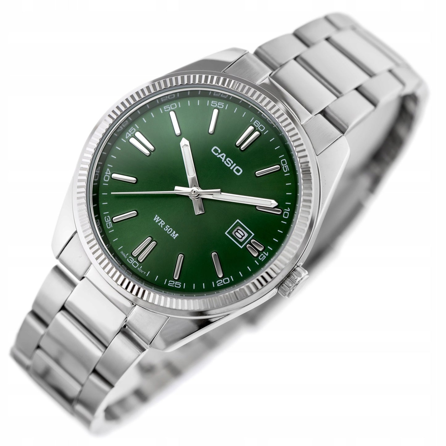 Vyriškas laikrodis Casio MTP-1302PD-3AV su dėžute – elegantiškas kvarcinis laikrodis su žaliu ciferblatu, nerūdijančio plieno apyranke ir datumu