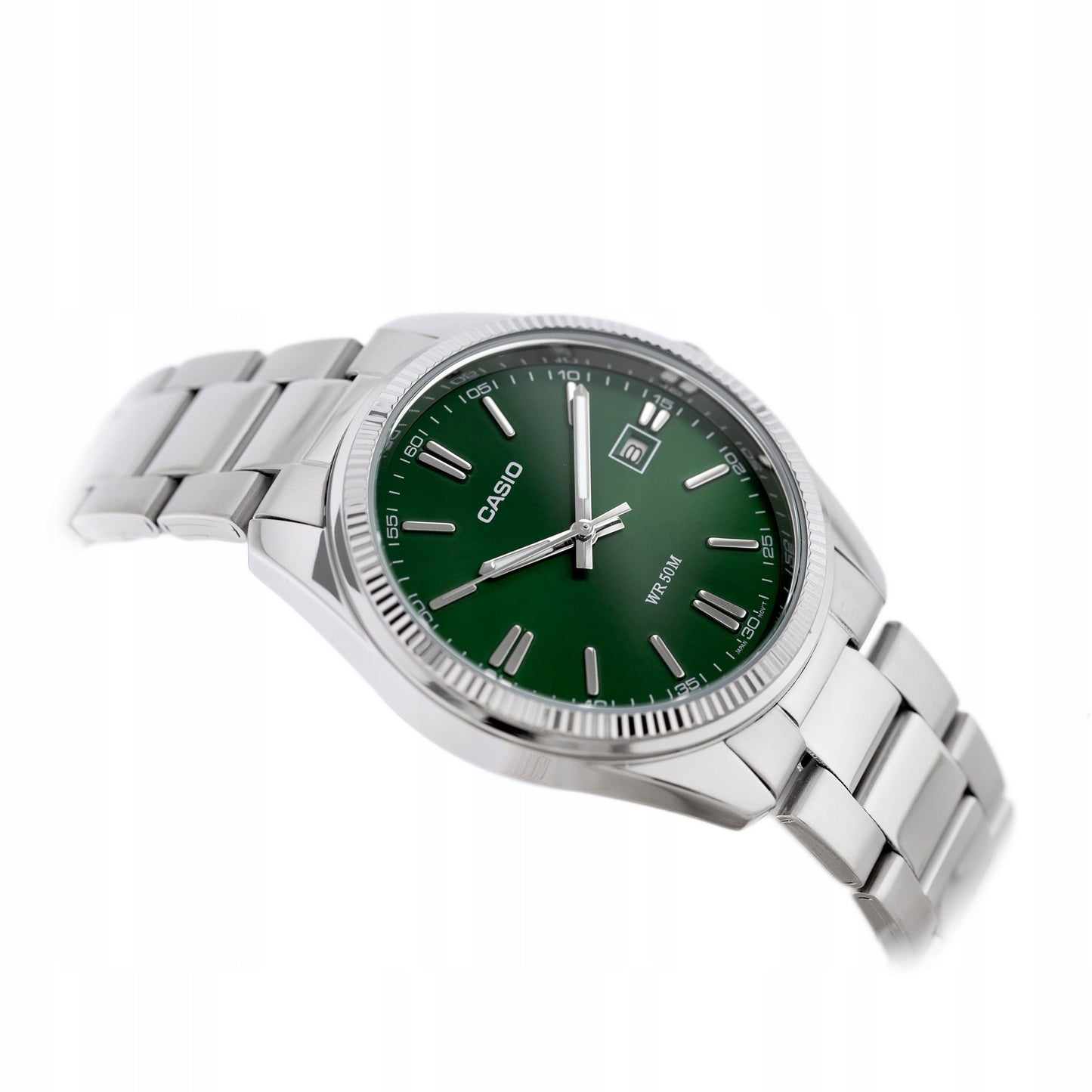 Vyriškas laikrodis Casio MTP-1302PD-3AV su dėžute – elegantiškas kvarcinis laikrodis su žaliu ciferblatu, nerūdijančio plieno apyranke ir datumu