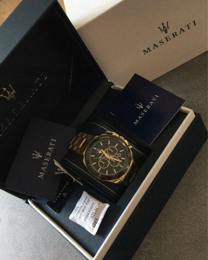 Vyriškas laikrodis Maserati Traguardo R8873612041 auksinis nerūdijančio plieno chronografas su juodu ciferblatu, atsparus vandeniui 100M, originali dėžutė