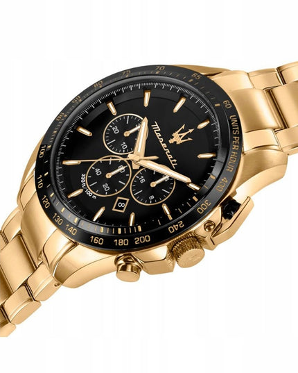 Vyriškas laikrodis Maserati Traguardo R8873612041 auksinis nerūdijančio plieno chronografas su juodu ciferblatu, atsparus vandeniui 100M, originali dėžutė