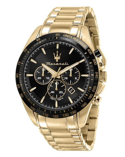 Vyriškas laikrodis Maserati Traguardo R8873612041 auksinis nerūdijančio plieno chronografas su juodu ciferblatu, atsparus vandeniui 100M, originali dėžutė