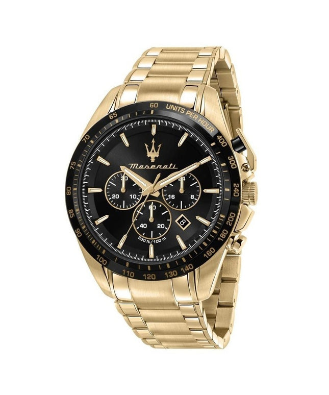 Vyriškas laikrodis Maserati Traguardo R8873612041 auksinis nerūdijančio plieno chronografas su juodu ciferblatu, atsparus vandeniui 100M, originali dėžutė