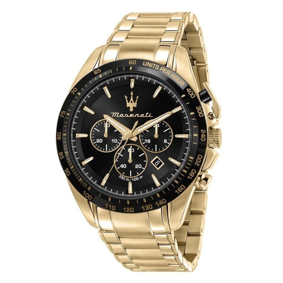 Vyriškas laikrodis Maserati Traguardo R8873612041 auksinis nerūdijančio plieno chronografas su juodu ciferblatu, atsparus vandeniui 100M, originali dėžutė