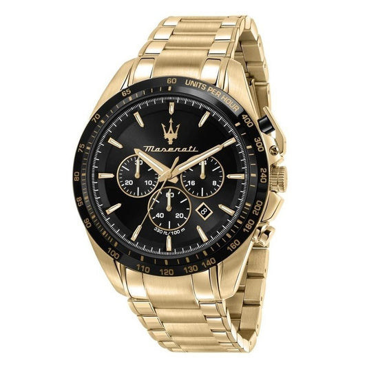 Vyriškas laikrodis Maserati Traguardo R8873612041 auksinis nerūdijančio plieno chronografas su juodu ciferblatu, atsparus vandeniui 100M, originali dėžutė