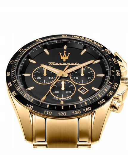 Vyriškas laikrodis Maserati Traguardo R8873612041 auksinis nerūdijančio plieno chronografas su juodu ciferblatu, atsparus vandeniui 100M, originali dėžutė