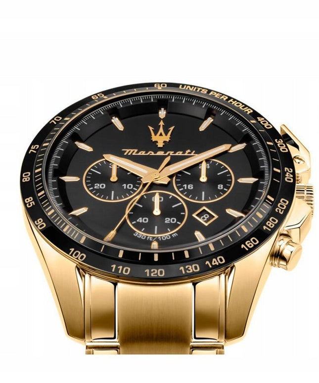 Vyriškas laikrodis Maserati Traguardo R8873612041 auksinis nerūdijančio plieno chronografas su juodu ciferblatu, atsparus vandeniui 100M, originali dėžutė