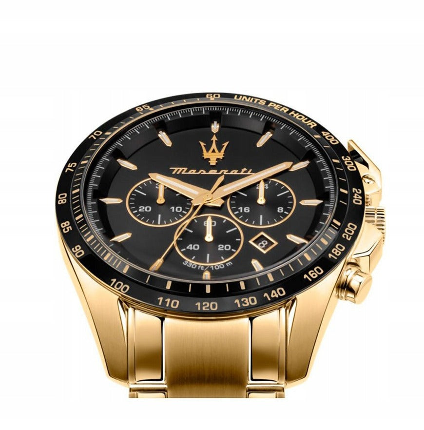 Vyriškas laikrodis Maserati Traguardo R8873612041 auksinis nerūdijančio plieno chronografas su juodu ciferblatu, atsparus vandeniui 100M, originali dėžutė