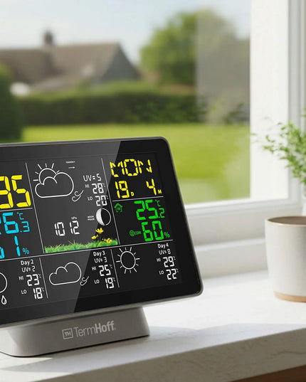 „Wi-Fi“ orų stotelė TUYA TermHoff TH-WS7 barometras žadintuvas laikrodis