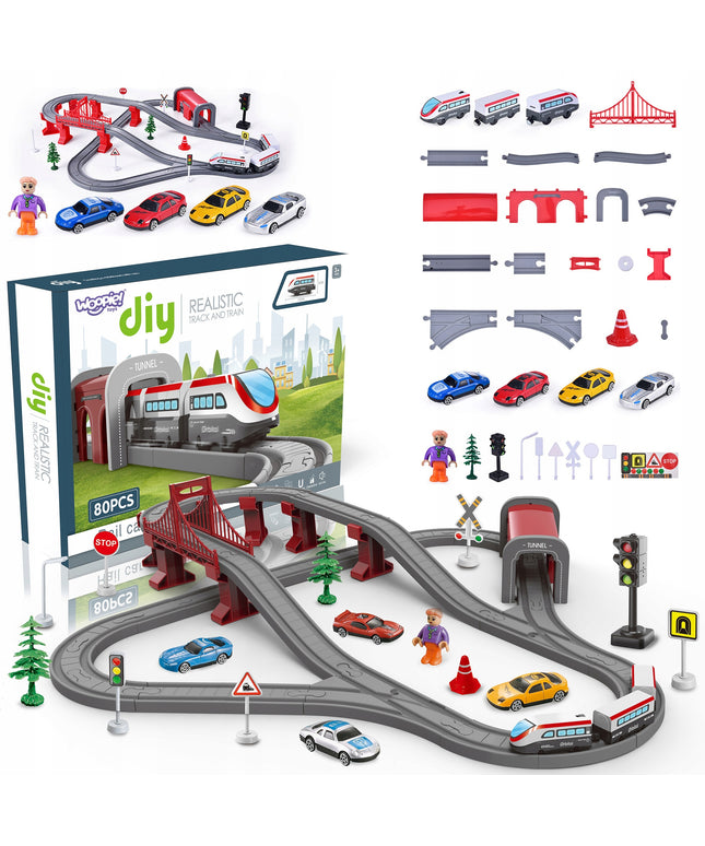 Woopie Elektrinė Geležinkelio Žaislų Rinkinys Vaikams 80 elementų Lokomotyvas Tiltas Tunelis Multicolor