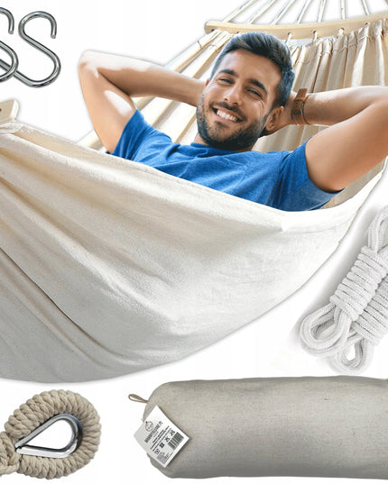 XXL sodo hamakas boho dvivietis su 40 cm sustiprintu strypu 260 x 155 cm
