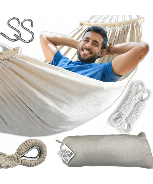 XXL sodo hamakas boho dvivietis su 40 cm sustiprintu strypu 260 x 155 cm