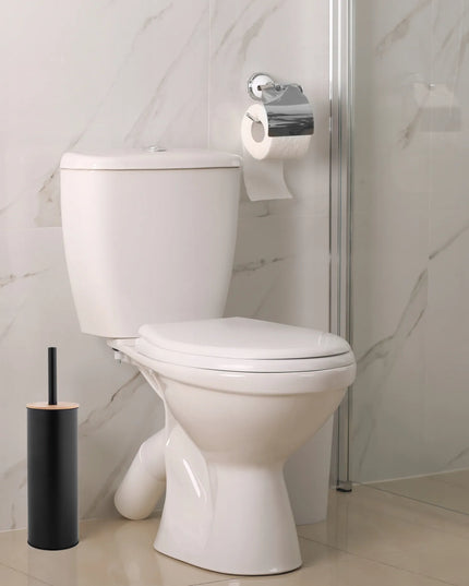 Yoka Home pastatomas uždaras WC šepetys, juodas metalinis su bambuku