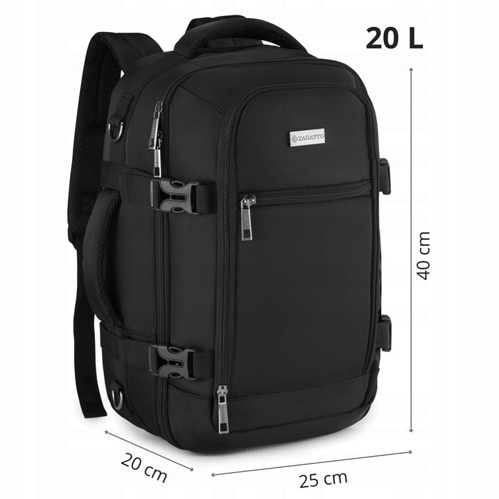 ZAGATTO juoda kelioninė kuprinė 40x25x20 cm – nemokamas rankinis bagažas į lėktuvą RYANAIR, Wizzair