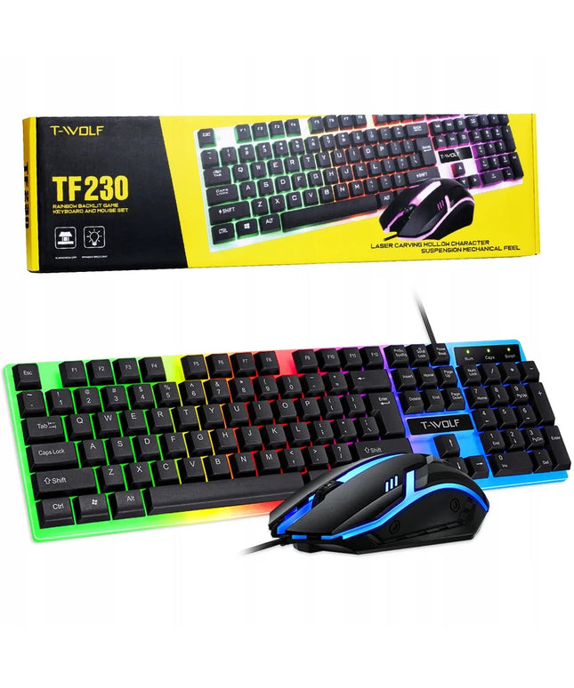 Žaidimų klaviatūros ir pelės rinkinys T-WOLF TF230 su LED RGB apšvietimu