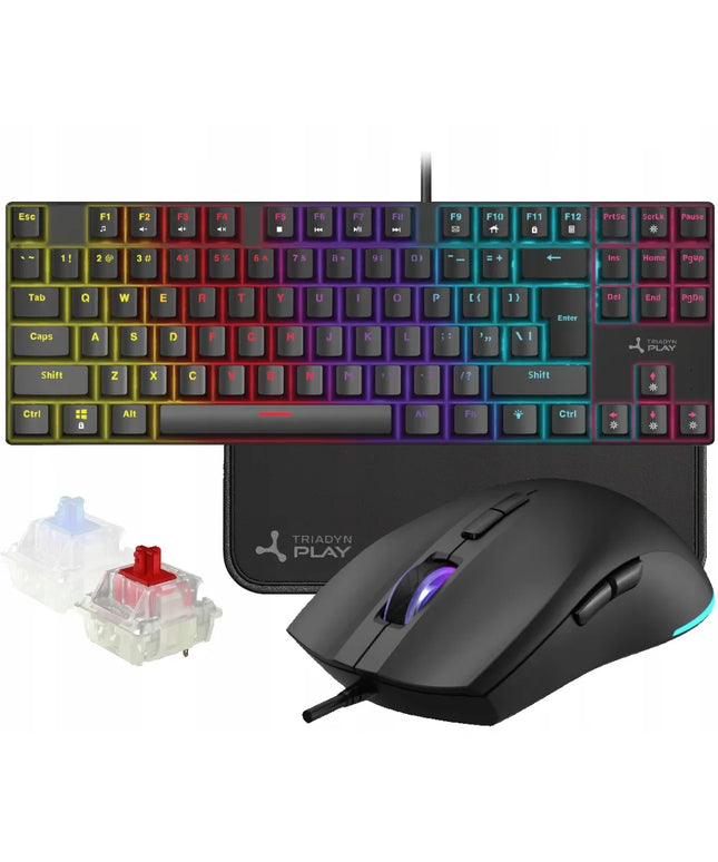 Žaidimų rinkinys: mechaninė RGB klaviatūra (Red Switch) + pelė + kilimėlis