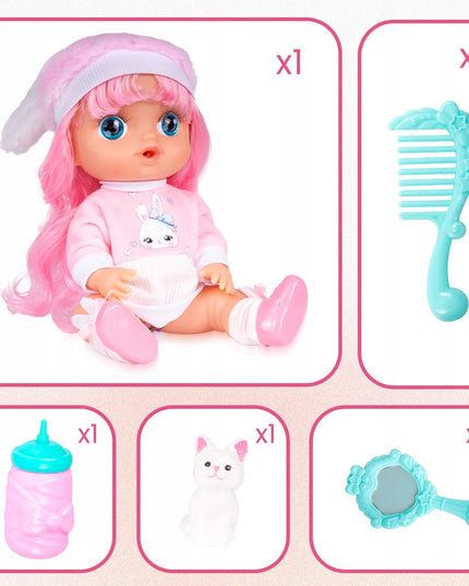 Žaislinė lėlė kūdikis su drabužėliais Mažoji auklė rinkinys su priedais kačiukas 30 cm