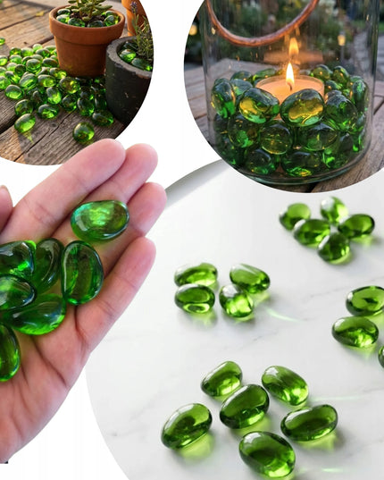 ŽALIAS DEKORATYVINIS STIKLAS 2,6–3,2 CM KIDNEY GLASS GREEN NAMŲ DEKORAVIMUI 1 KG