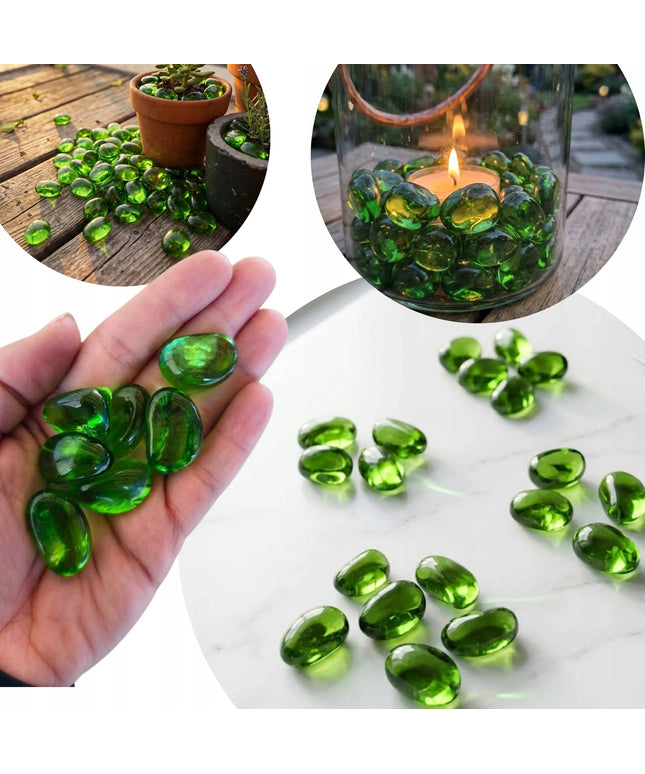 ŽALIAS DEKORATYVINIS STIKLAS 2,6–3,2 CM KIDNEY GLASS GREEN NAMŲ DEKORAVIMUI 1 KG