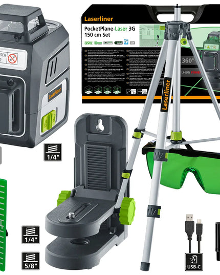 Žaliasis kryžminis lazeris su trikoju ir dėklu Laserliner PocketPlane 4 metų garantija