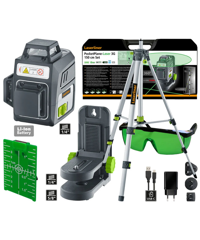 Žaliasis kryžminis lazeris su trikoju ir dėklu Laserliner PocketPlane 4 metų garantija