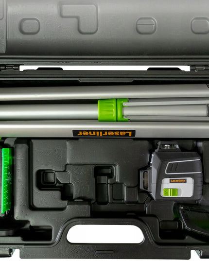 Žaliasis kryžminis lazeris su trikoju ir dėklu Laserliner PocketPlane 4 metų garantija