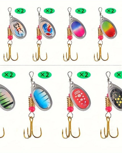 16 vnt. universalus žvejybinių sukamųjų blizgių rinkinys su dėklu – upėtakių, ešerių, lydekų žvejybai