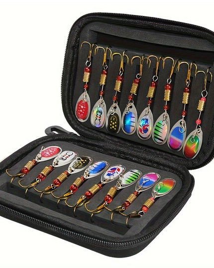 16 vnt. universalus žvejybinių sukamųjų blizgių rinkinys su dėklu – upėtakių, ešerių, lydekų žvejybai