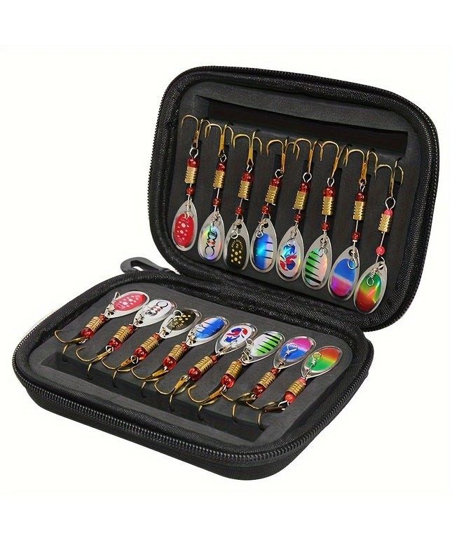 16 vnt. universalus žvejybinių sukamųjų blizgių rinkinys su dėklu – upėtakių, ešerių, lydekų žvejybai