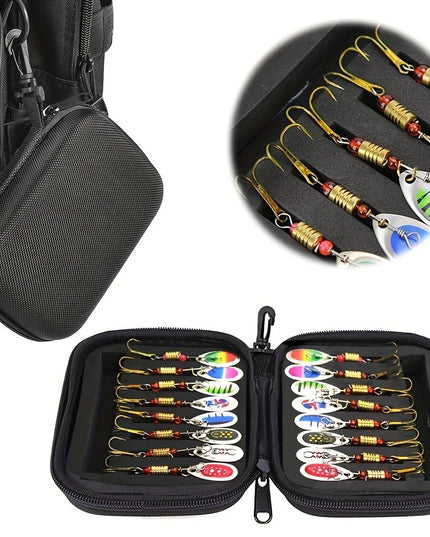 16 vnt. universalus žvejybinių sukamųjų blizgių rinkinys su dėklu – upėtakių, ešerių, lydekų žvejybai