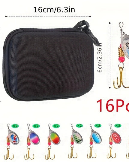 16 vnt. universalus žvejybinių sukamųjų blizgių rinkinys su dėklu – upėtakių, ešerių, lydekų žvejybai