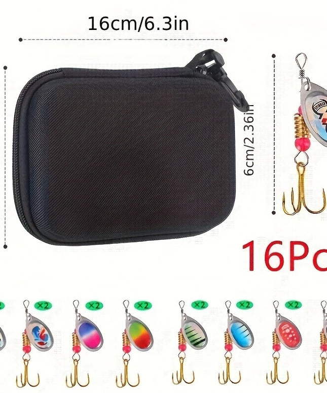 16 vnt. universalus žvejybinių sukamųjų blizgių rinkinys su dėklu – upėtakių, ešerių, lydekų žvejybai