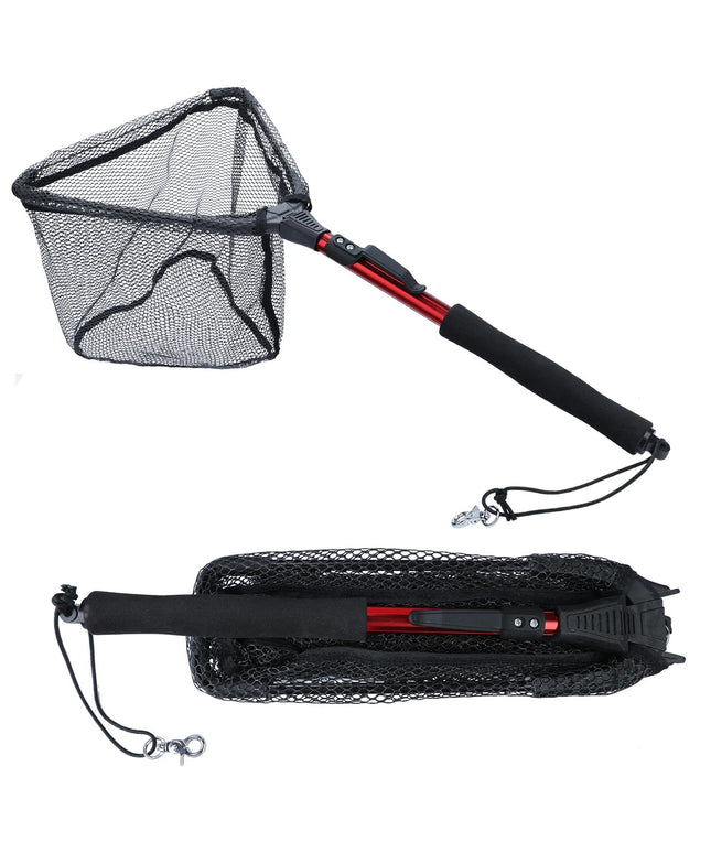 Tvirtas žvejybos graibštas – nailoninis tinklas, aliuminio kotas, 3 ilgiai, juoda arba raudona spalva