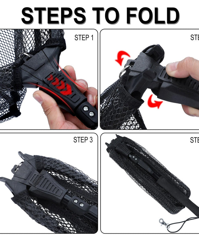 Tvirtas žvejybos graibštas – nailoninis tinklas, aliuminio kotas, 3 ilgiai, juoda arba raudona spalva